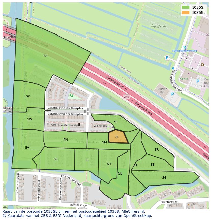 Afbeelding van het postcodegebied 1035 SL op de kaart.