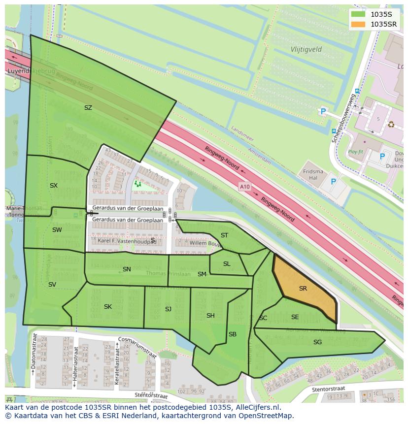 Afbeelding van het postcodegebied 1035 SR op de kaart.