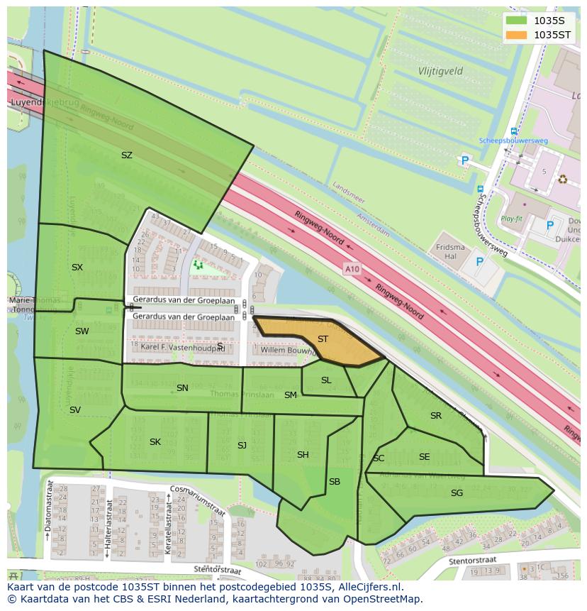 Afbeelding van het postcodegebied 1035 ST op de kaart.