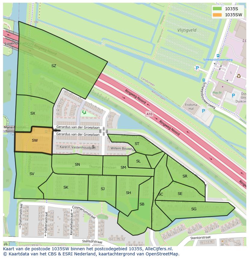 Afbeelding van het postcodegebied 1035 SW op de kaart.