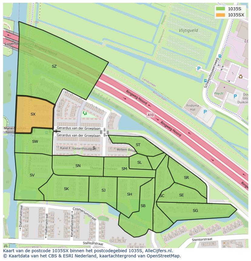 Afbeelding van het postcodegebied 1035 SX op de kaart.