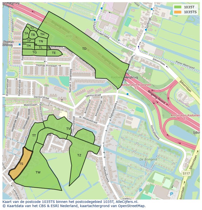 Afbeelding van het postcodegebied 1035 TS op de kaart.