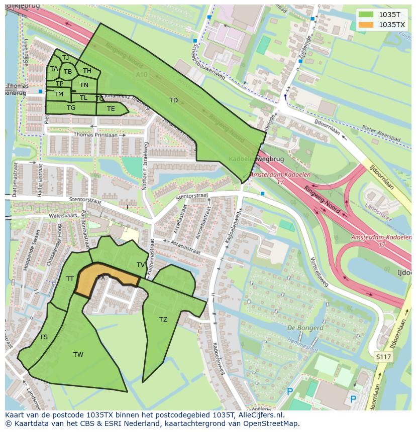 Afbeelding van het postcodegebied 1035 TX op de kaart.