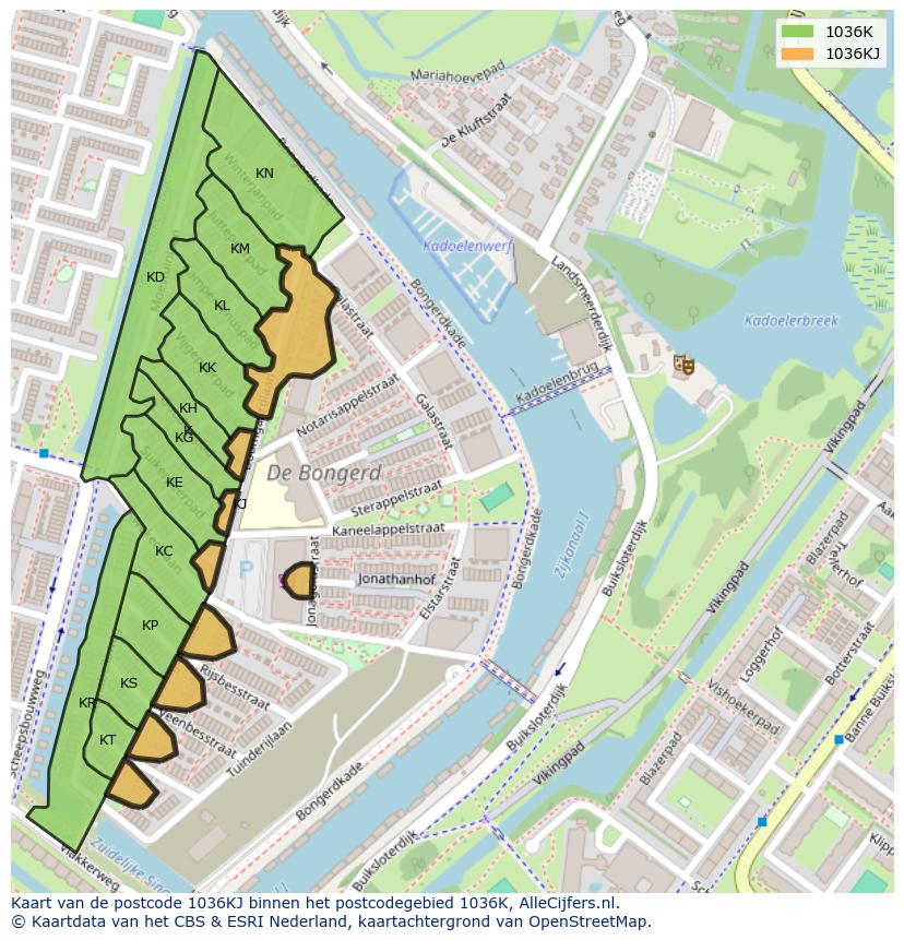 Afbeelding van het postcodegebied 1036 KJ op de kaart.