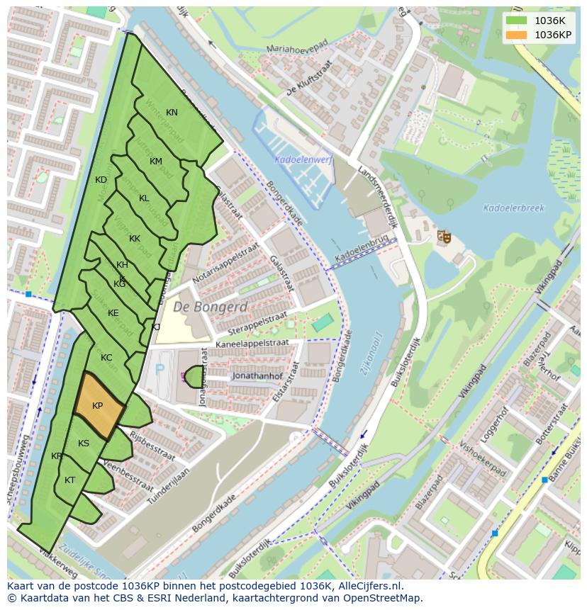 Afbeelding van het postcodegebied 1036 KP op de kaart.
