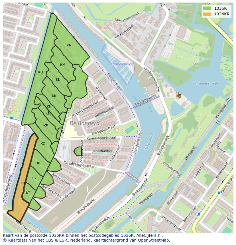Afbeelding van het postcodegebied 1036 KR op de kaart.