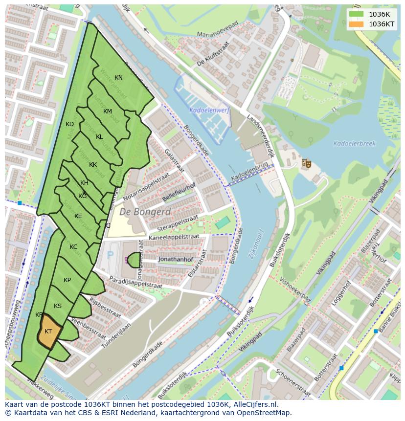 Afbeelding van het postcodegebied 1036 KT op de kaart.