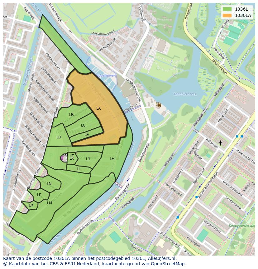 Afbeelding van het postcodegebied 1036 LA op de kaart.