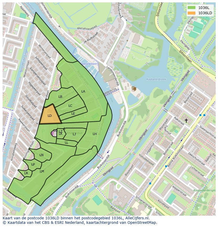 Afbeelding van het postcodegebied 1036 LD op de kaart.