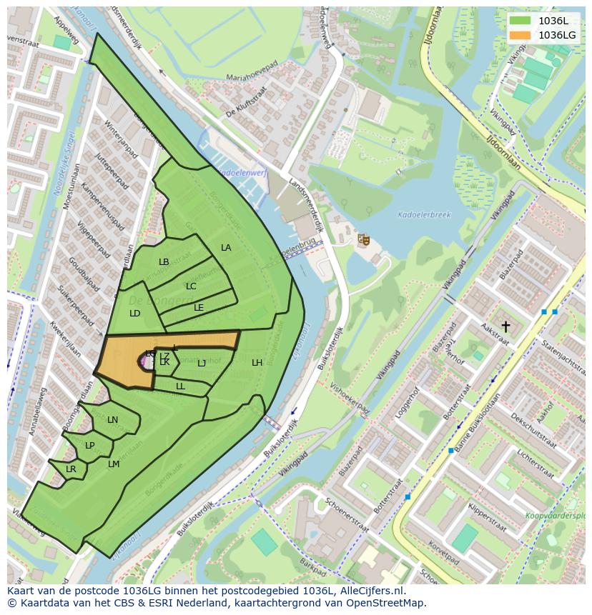 Afbeelding van het postcodegebied 1036 LG op de kaart.
