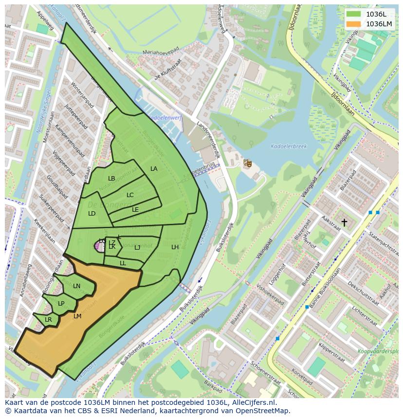 Afbeelding van het postcodegebied 1036 LM op de kaart.