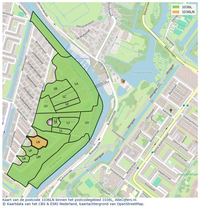 Afbeelding van het postcodegebied 1036 LN op de kaart.