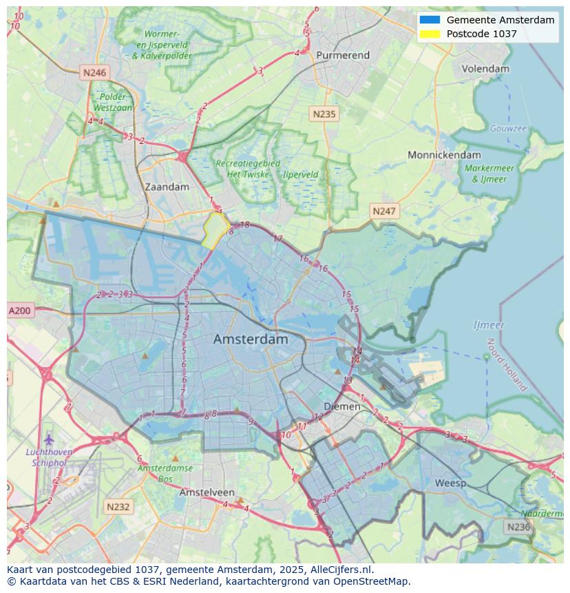Afbeelding van het postcodegebied 1037 op de kaart.
