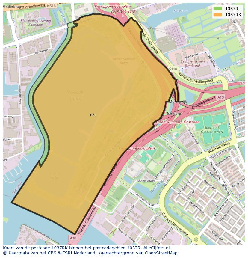 Afbeelding van het postcodegebied 1037 RK op de kaart.