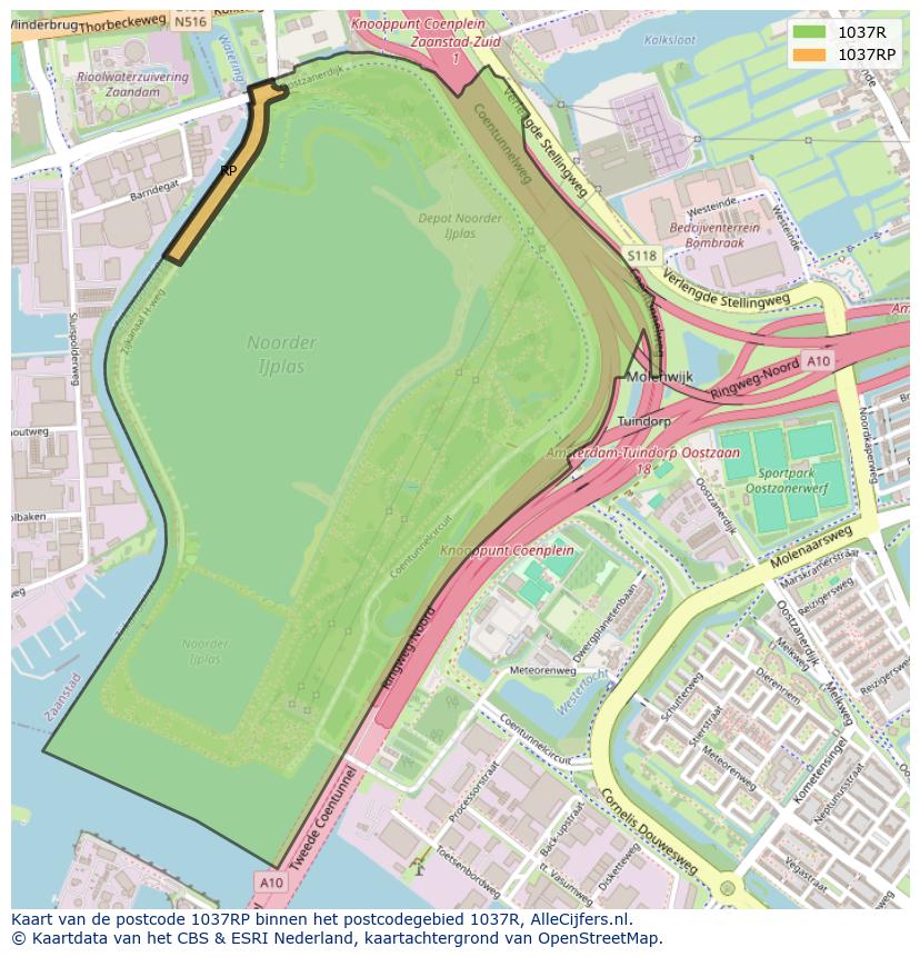 Afbeelding van het postcodegebied 1037 RP op de kaart.