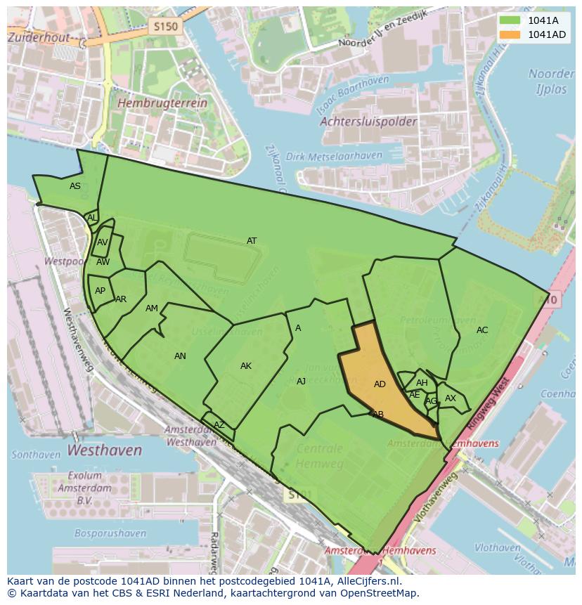 Afbeelding van het postcodegebied 1041 AD op de kaart.