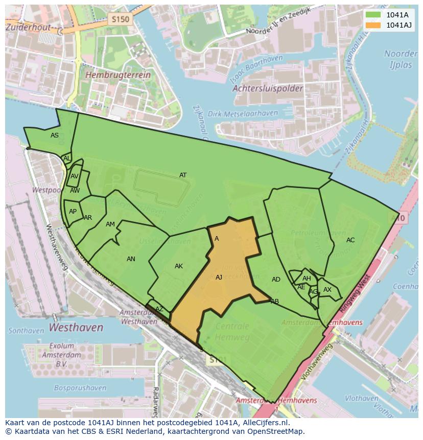 Afbeelding van het postcodegebied 1041 AJ op de kaart.