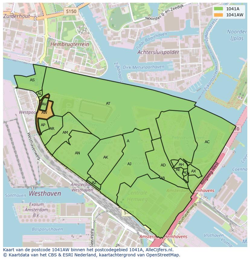 Afbeelding van het postcodegebied 1041 AW op de kaart.