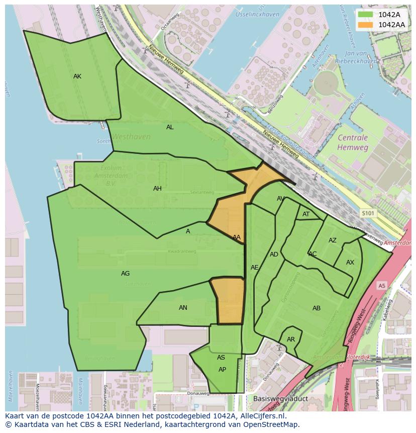Afbeelding van het postcodegebied 1042 AA op de kaart.