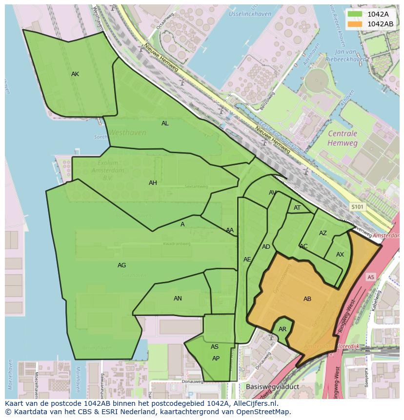 Afbeelding van het postcodegebied 1042 AB op de kaart.