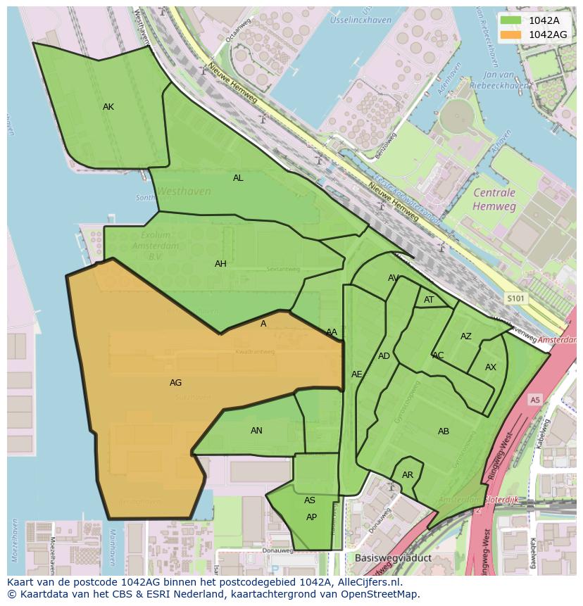 Afbeelding van het postcodegebied 1042 AG op de kaart.