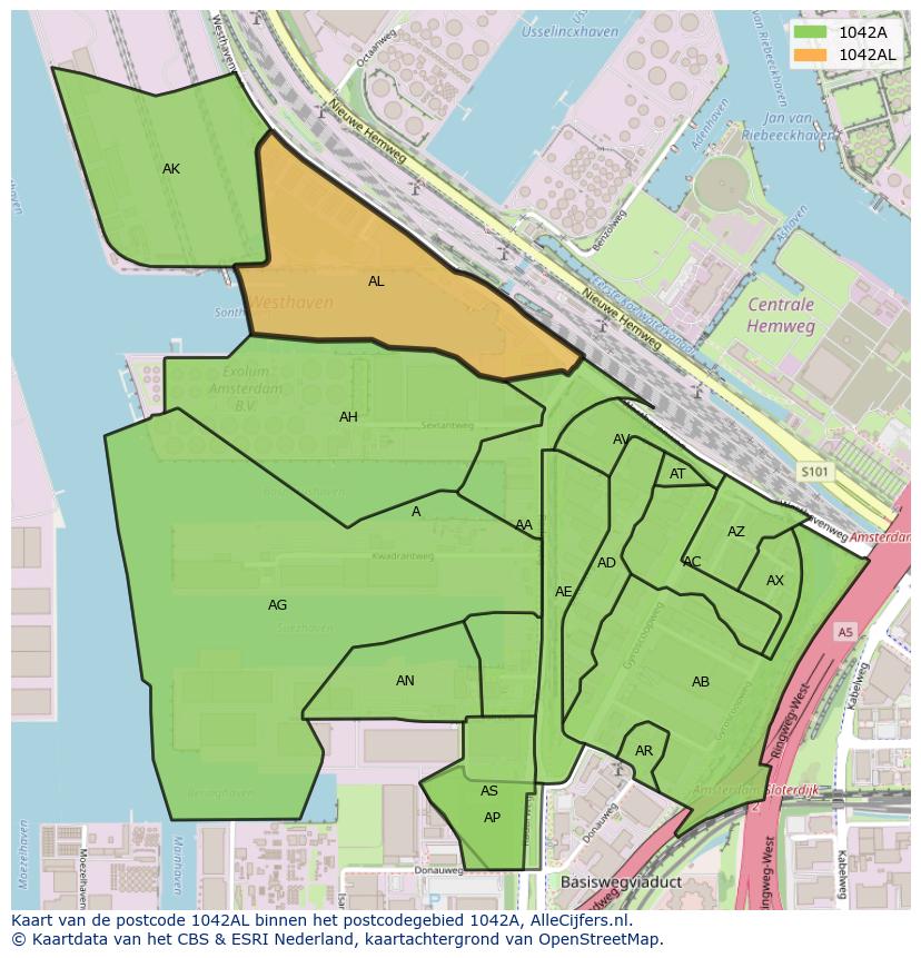 Afbeelding van het postcodegebied 1042 AL op de kaart.