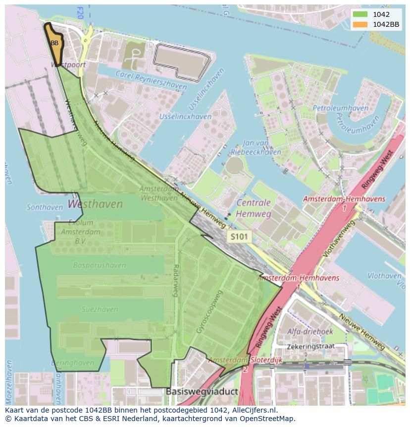 Afbeelding van het postcodegebied 1042 BB op de kaart.