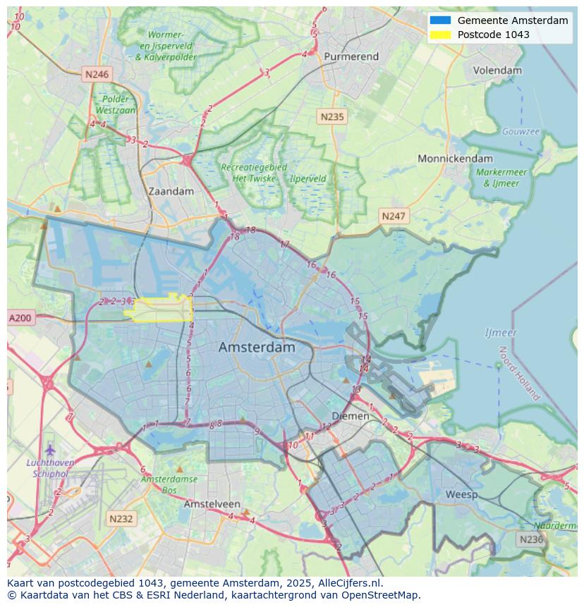 Afbeelding van het postcodegebied 1043 op de kaart.