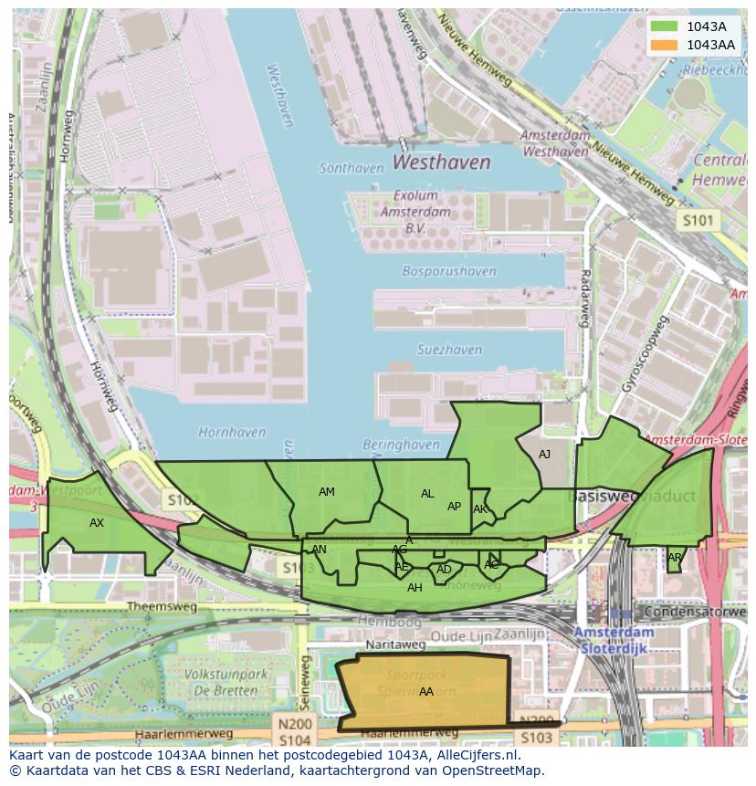 Afbeelding van het postcodegebied 1043 AA op de kaart.