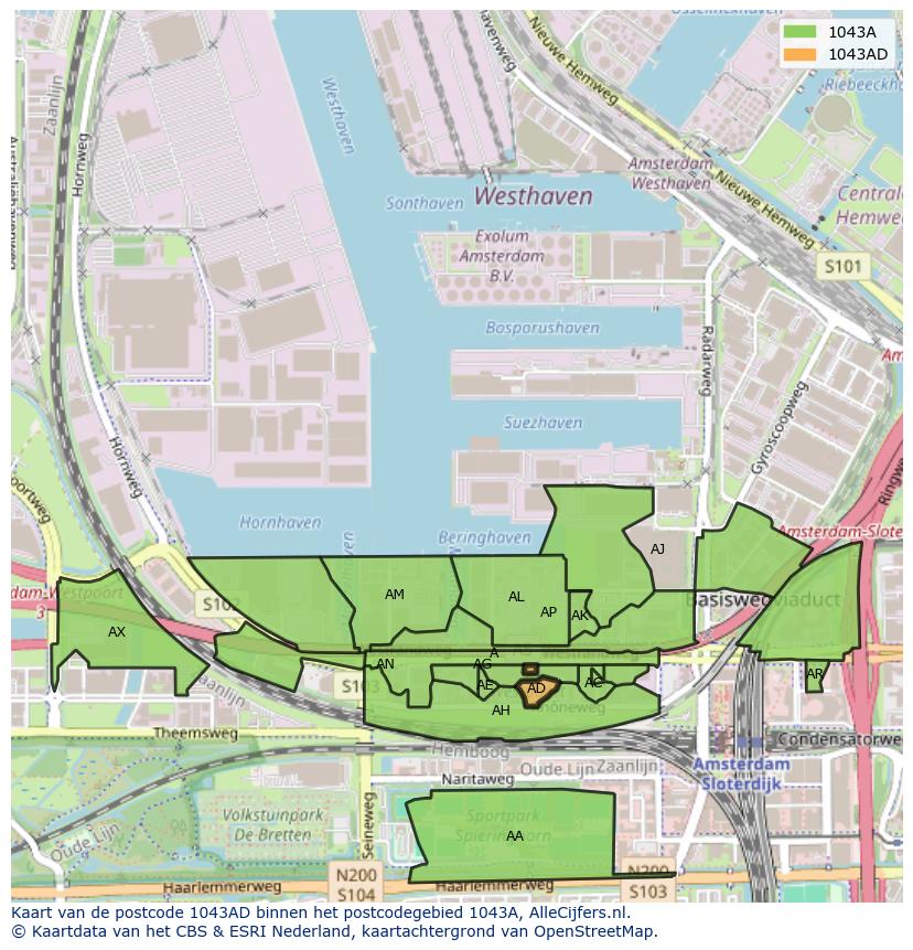Afbeelding van het postcodegebied 1043 AD op de kaart.