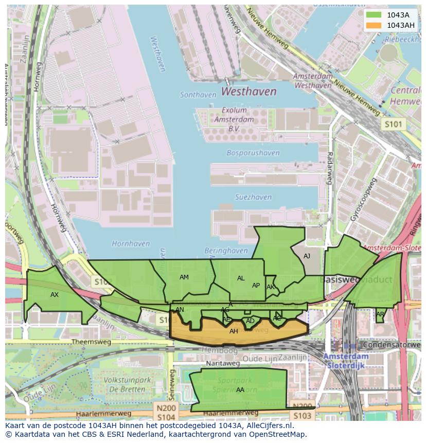 Afbeelding van het postcodegebied 1043 AH op de kaart.