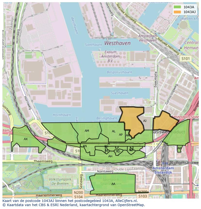 Afbeelding van het postcodegebied 1043 AJ op de kaart.