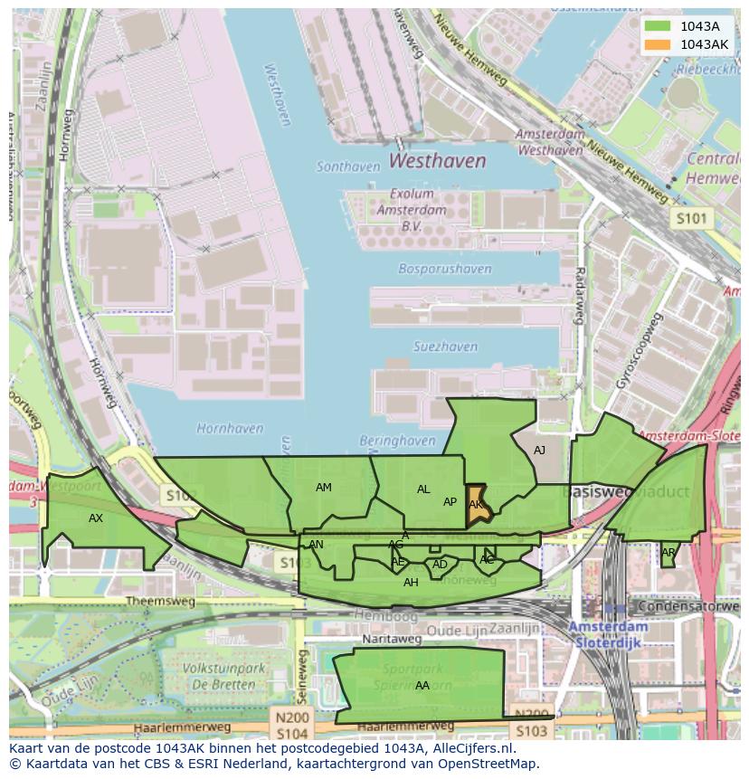Afbeelding van het postcodegebied 1043 AK op de kaart.