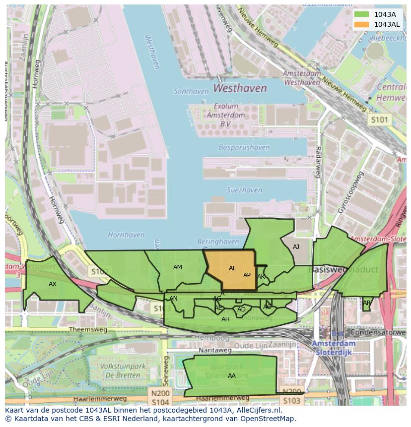 Afbeelding van het postcodegebied 1043 AL op de kaart.