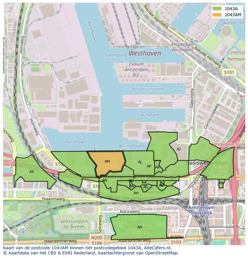 Afbeelding van het postcodegebied 1043 AM op de kaart.