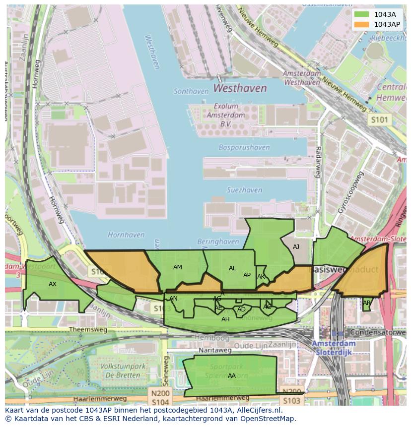 Afbeelding van het postcodegebied 1043 AP op de kaart.