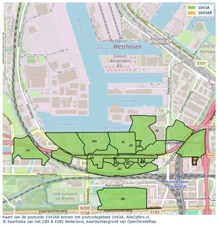 Afbeelding van het postcodegebied 1043 AR op de kaart.