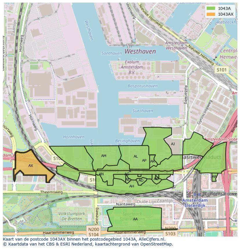 Afbeelding van het postcodegebied 1043 AX op de kaart.