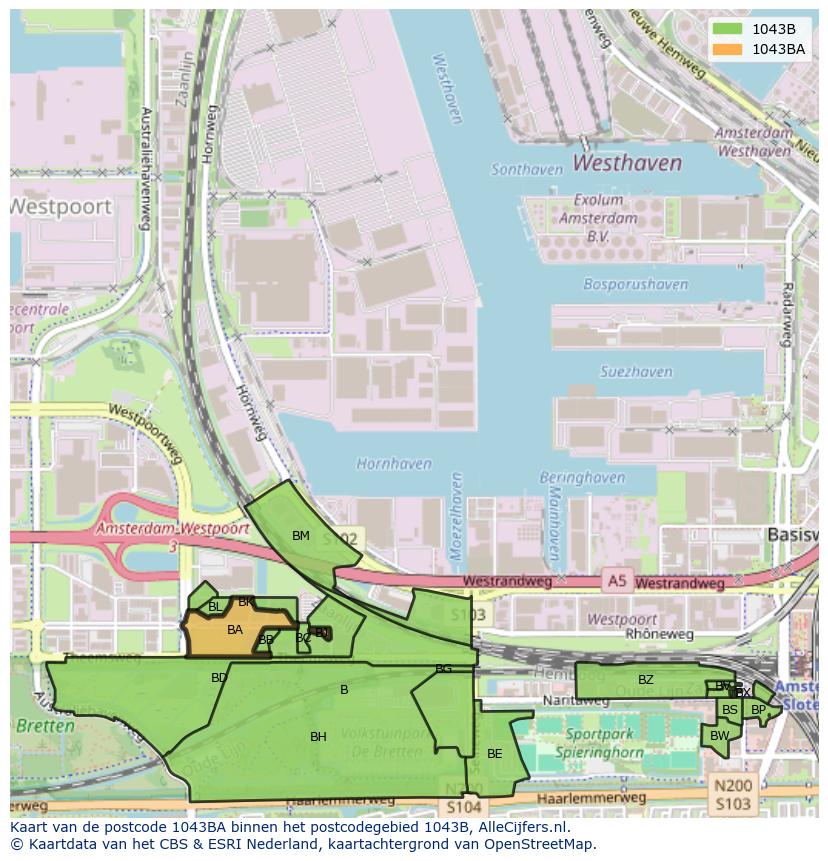 Afbeelding van het postcodegebied 1043 BA op de kaart.