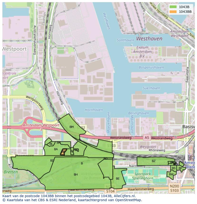 Afbeelding van het postcodegebied 1043 BB op de kaart.