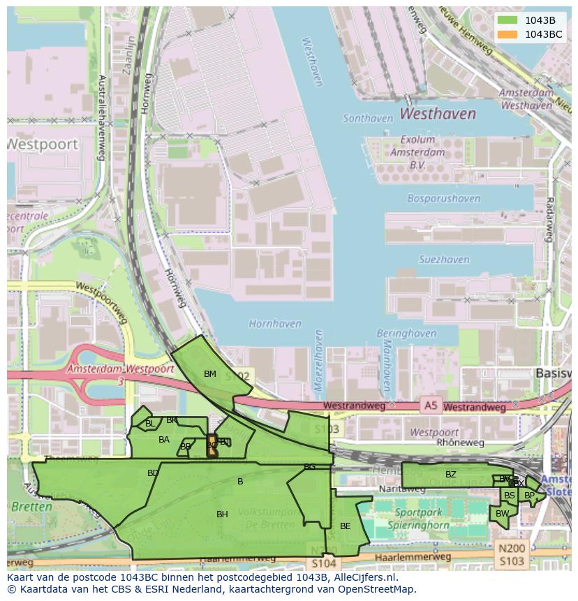 Afbeelding van het postcodegebied 1043 BC op de kaart.
