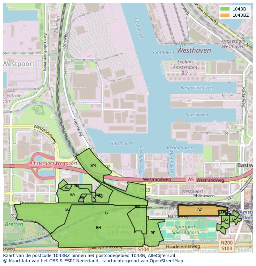 Afbeelding van het postcodegebied 1043 BZ op de kaart.