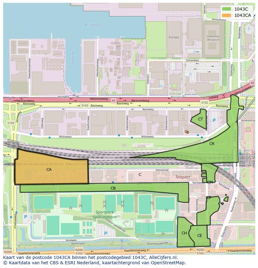 Afbeelding van het postcodegebied 1043 CA op de kaart.