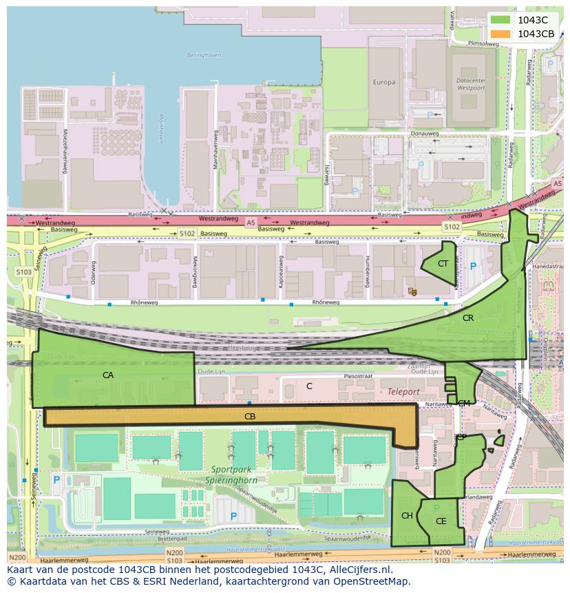 Afbeelding van het postcodegebied 1043 CB op de kaart.