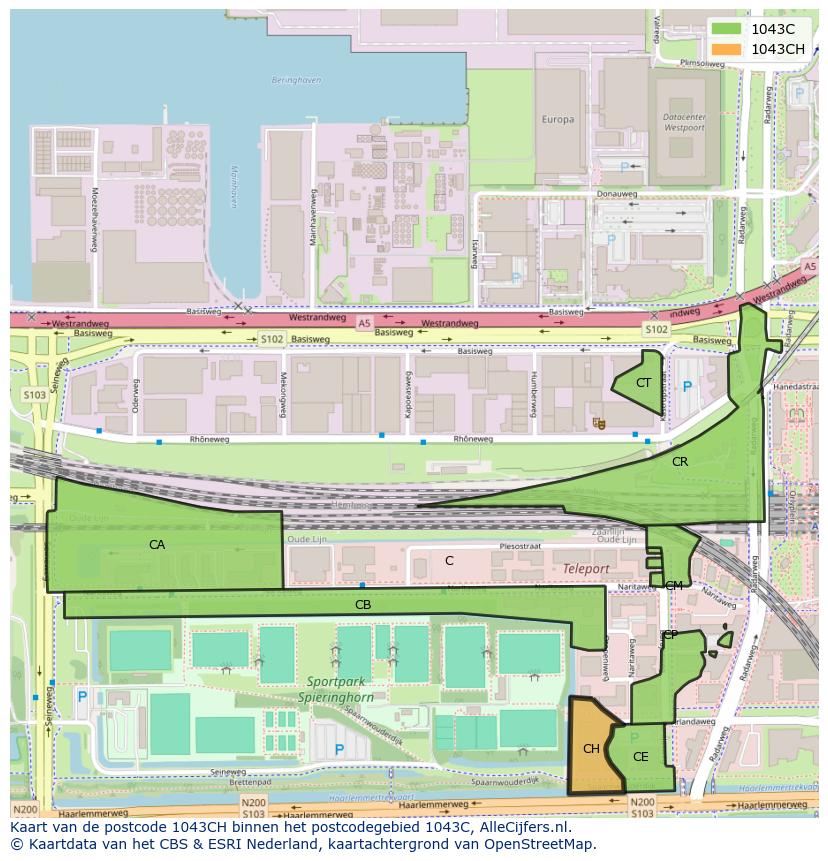 Afbeelding van het postcodegebied 1043 CH op de kaart.