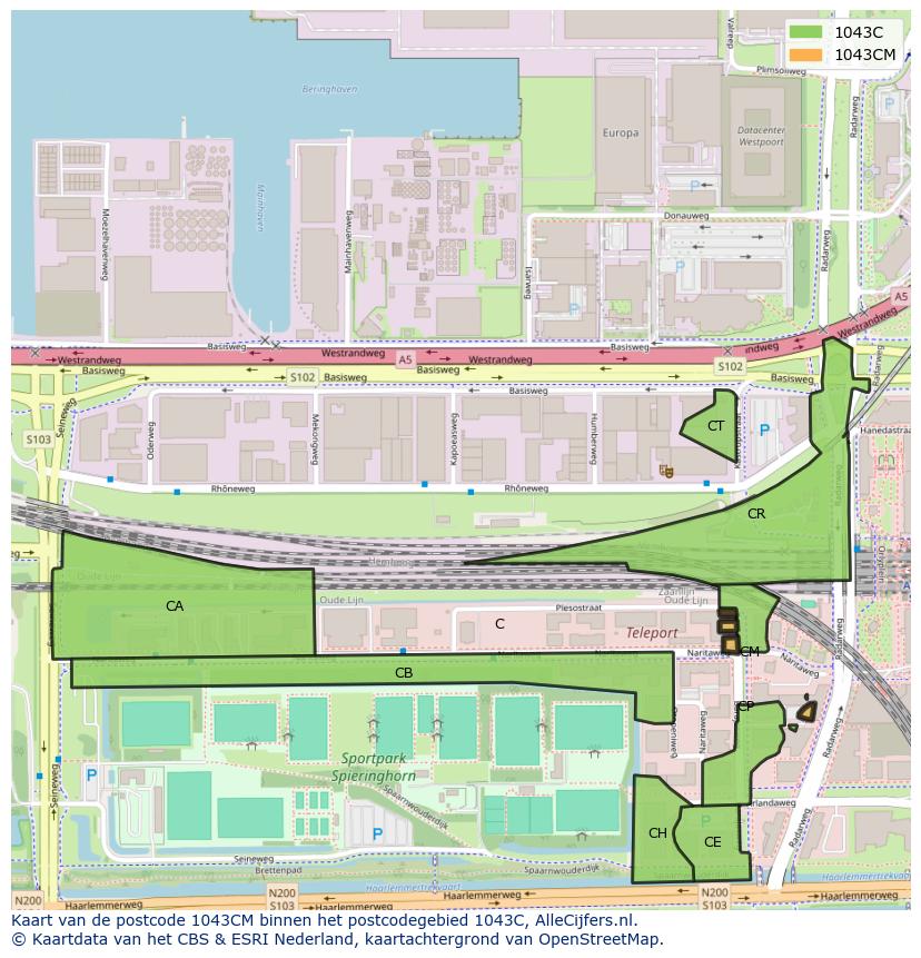 Afbeelding van het postcodegebied 1043 CM op de kaart.