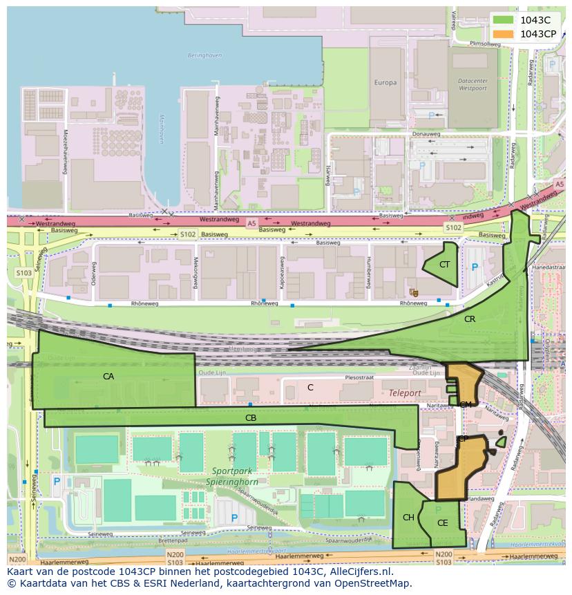 Afbeelding van het postcodegebied 1043 CP op de kaart.