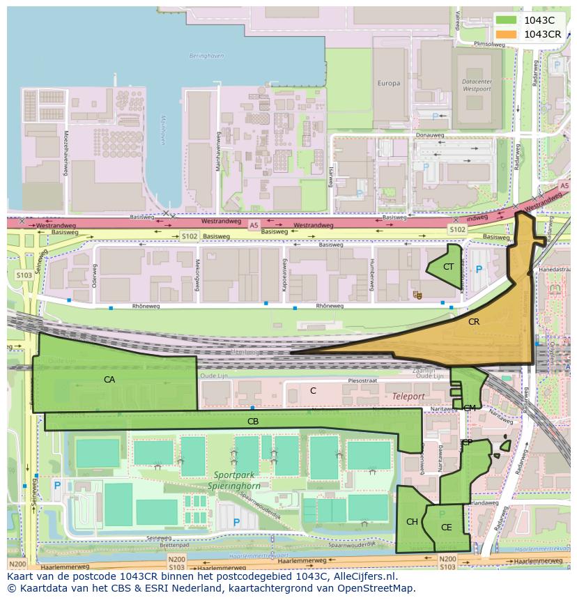 Afbeelding van het postcodegebied 1043 CR op de kaart.