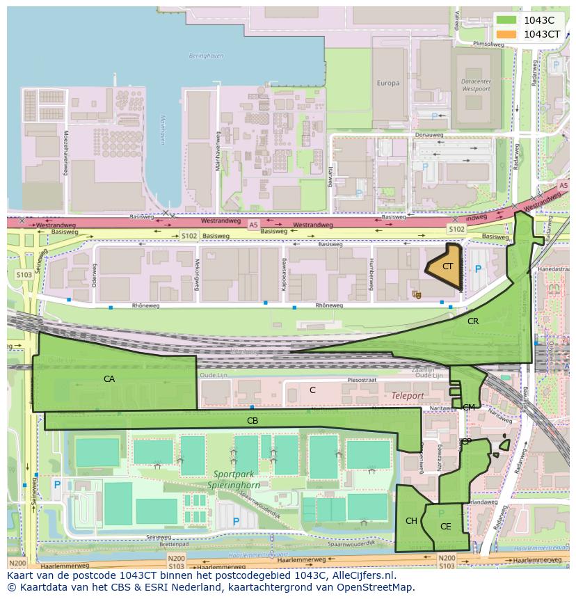 Afbeelding van het postcodegebied 1043 CT op de kaart.