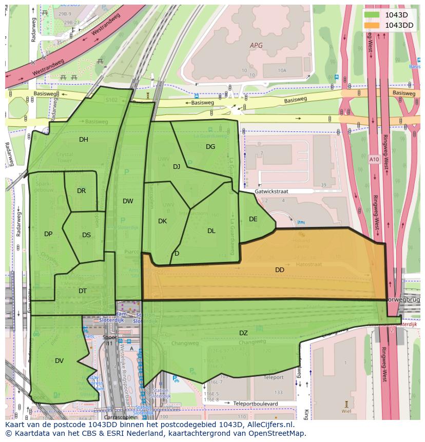 Afbeelding van het postcodegebied 1043 DD op de kaart.